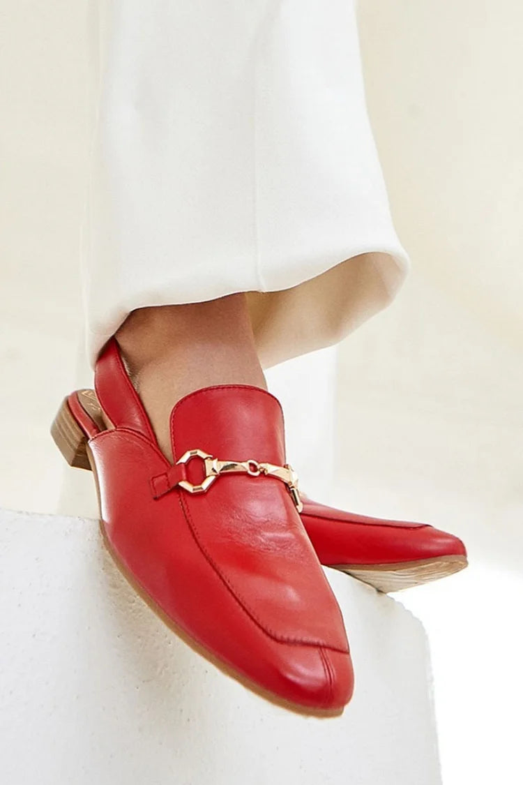 Eleganti mocassini con cinturino posteriore rotondo, punta rossa e fibbia metallica patchwork [Pre-ordine]