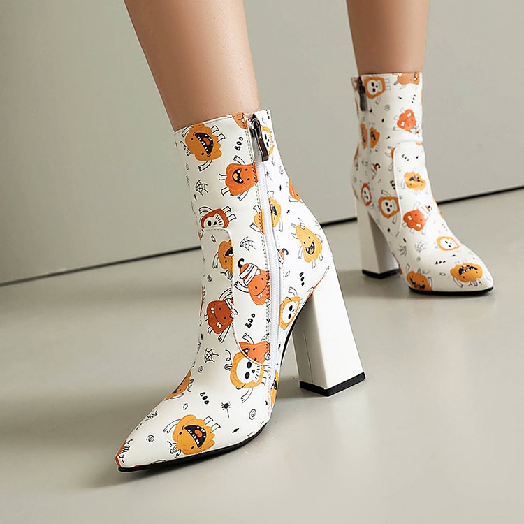 Halloween-Kürbis-Schädel-Druck, spitze Zehen-Stiefeletten mit klobigem Absatz