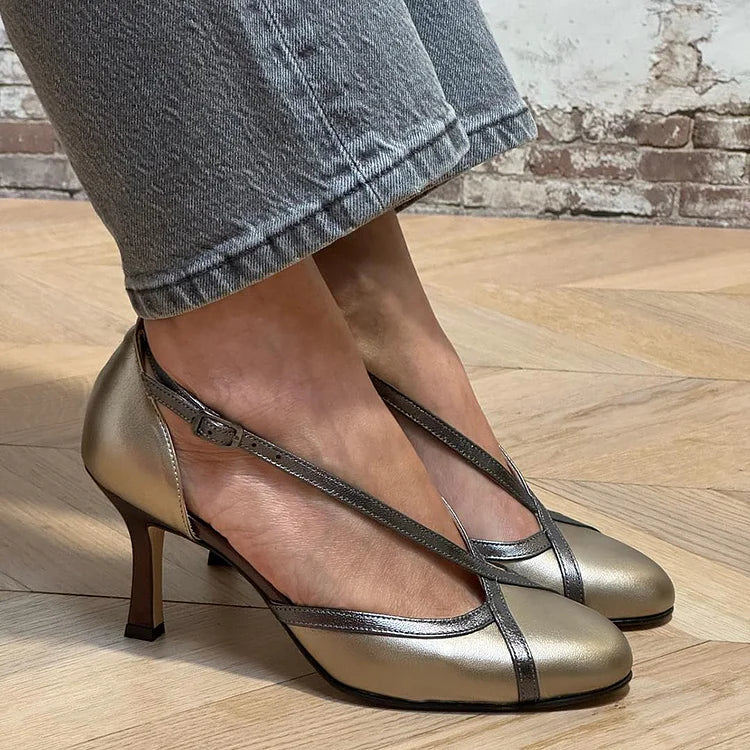 Scarpe con tacco a spillo color champagne con cinturino incrociato patchwork [Pre-ordine]