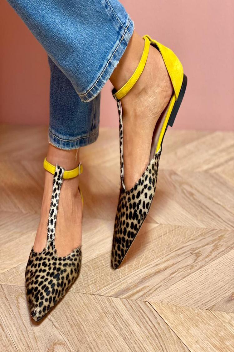 Scarpe basse con punta a punta, cinturino a T con stampa leopardata e fibbia color block [Pre-ordine]