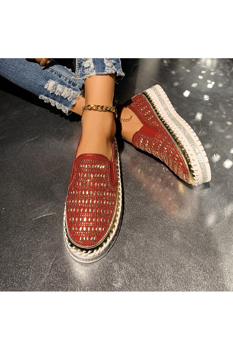 Strassverzierung Steppdetail Rundzehen Freizeit Plateau Loafers