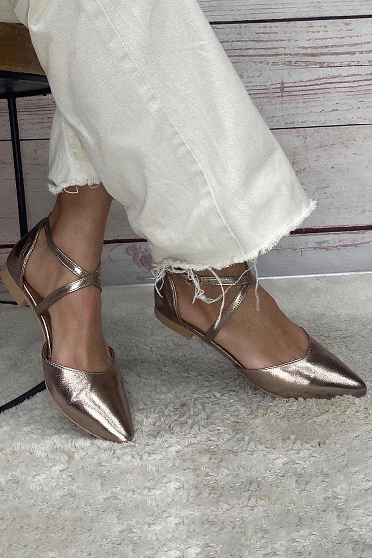 Metallic Sheen Cross Strap Buckle Pointed Toe Champagne Flats [Pre Order]