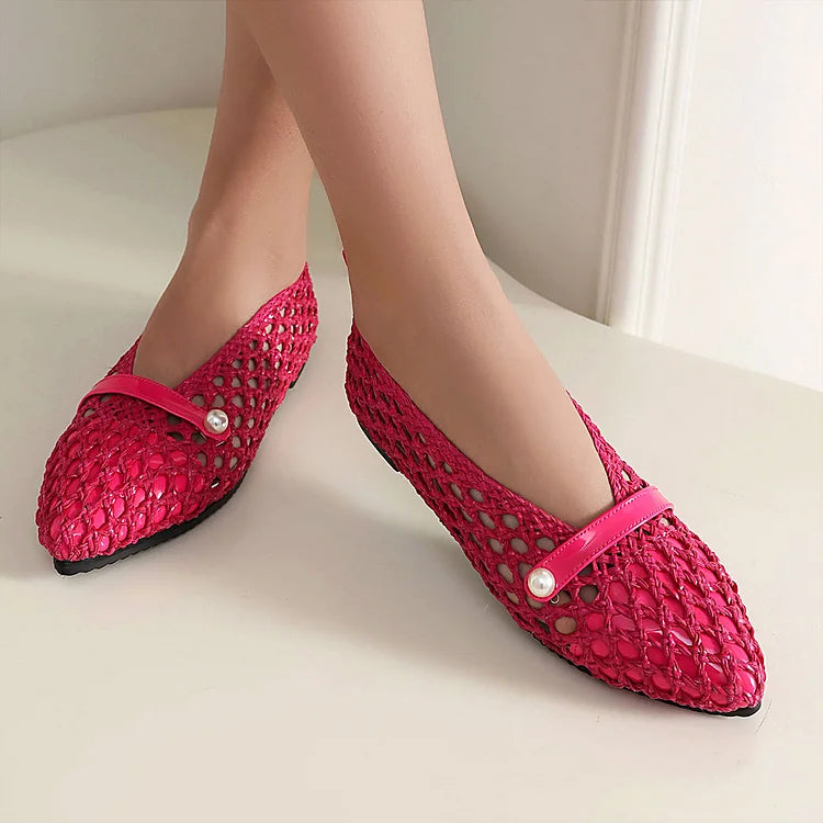 Patchwork Hollow Out Fishnet Instep Strap Pointed Toe Flats