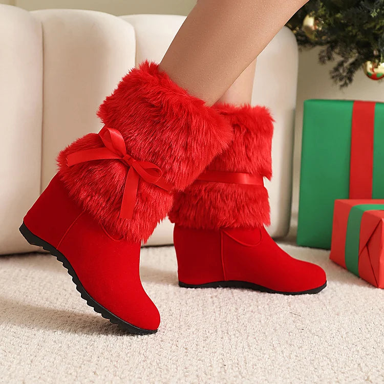 Christmas Fluffy Tied Up Bow Round Toe Wedge Heel Mid Boots