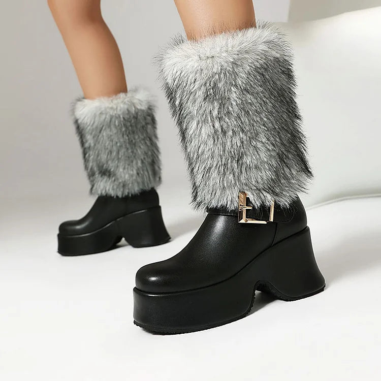 Strap Buckle Decor Faux Fur Round Toe Chunky Heel Platform Mid Boots