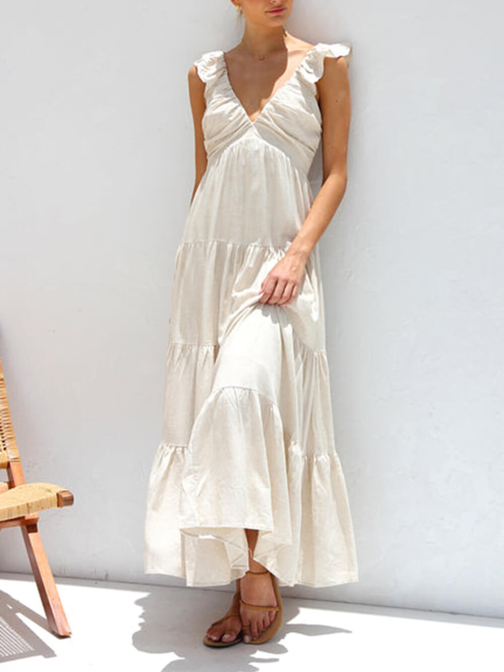 Ruffled Flying Sleeves Smocked Back Tiered Vacation Maxi Dress