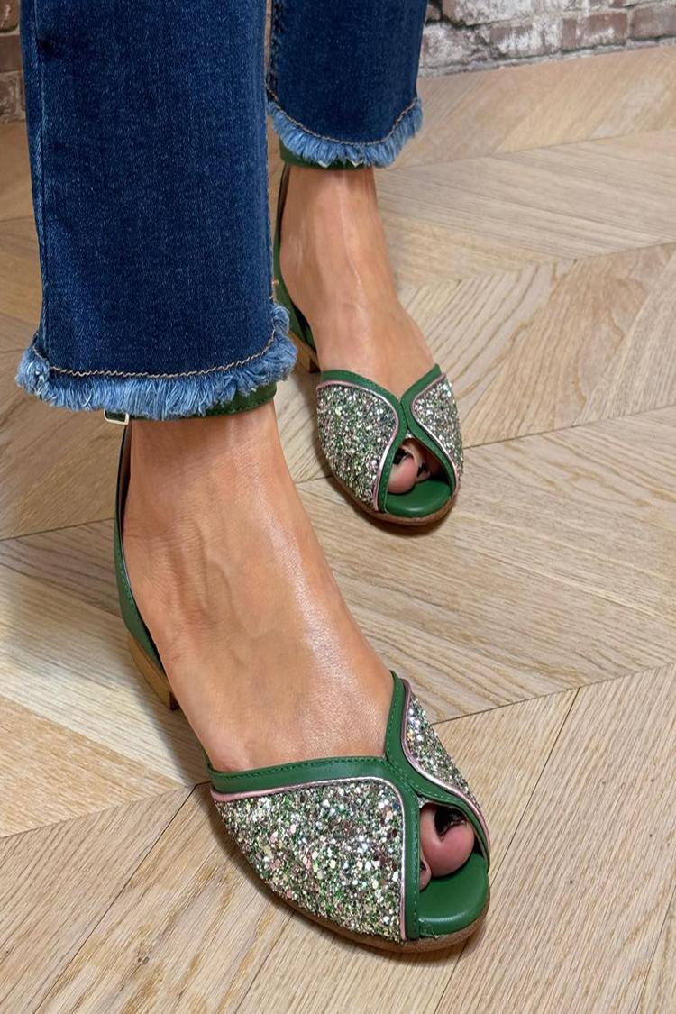 Sandali verdi con cinturino alla caviglia, fibbia e punta aperta e glitter [Pre-ordine]