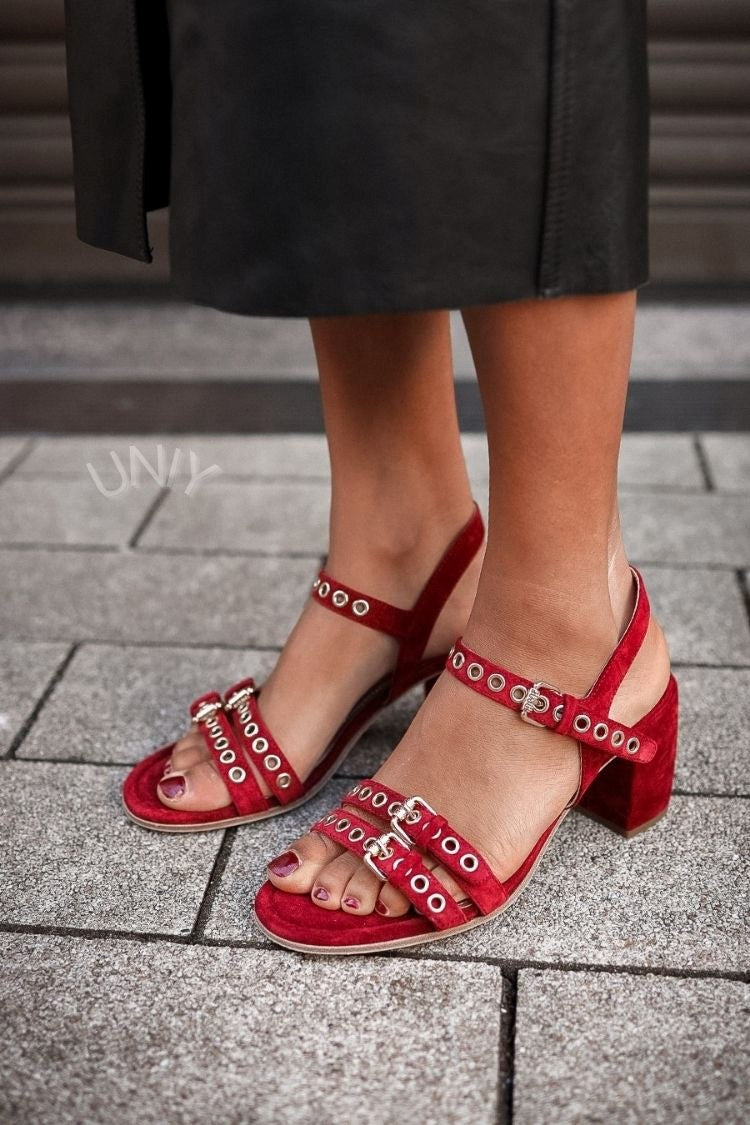 Vintage Red Faux Suede Grommet Strappy Block Heel Sandals [Pre Order]
