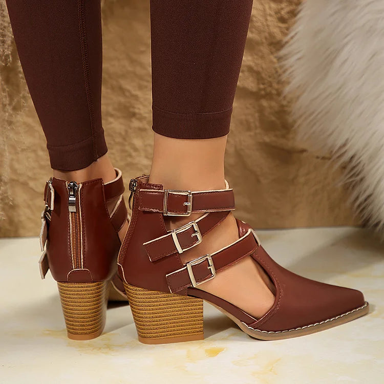 Ankle Cross Straps Buckles Solid Color Pointed Toe Chunky Heels