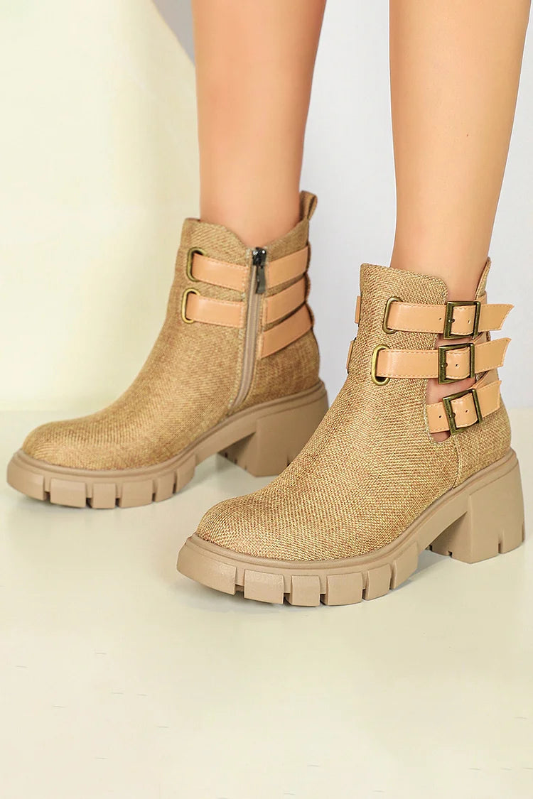 Multi Straps Buckles Zipper Round Toe Chunky Heel Ankle Boots