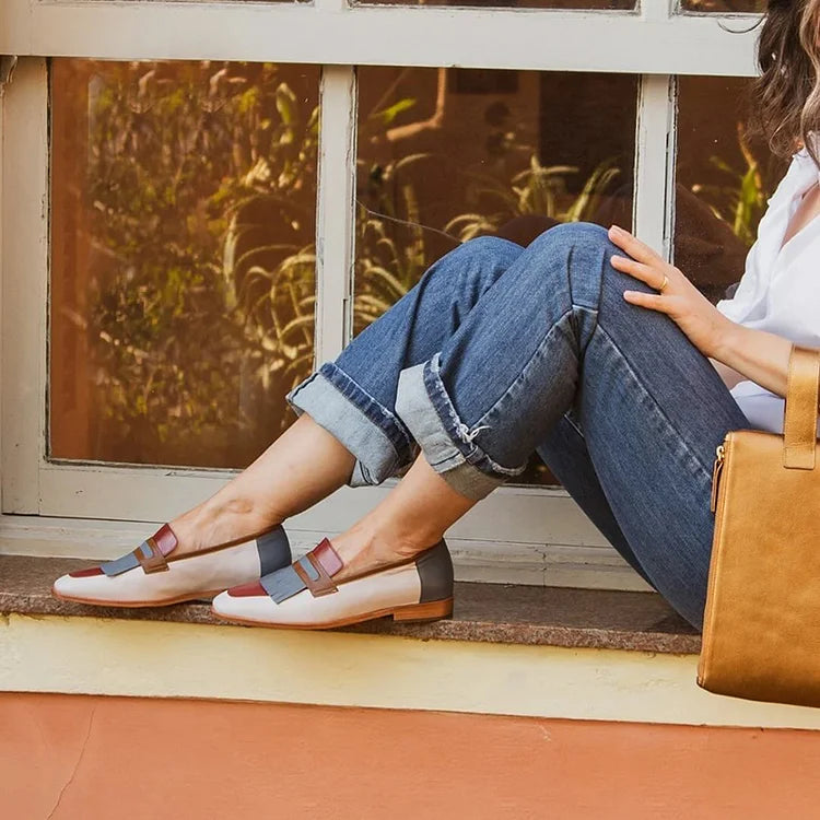 Colorblock Fringe Square Toe Patchwork White Loafers [Pre Order]