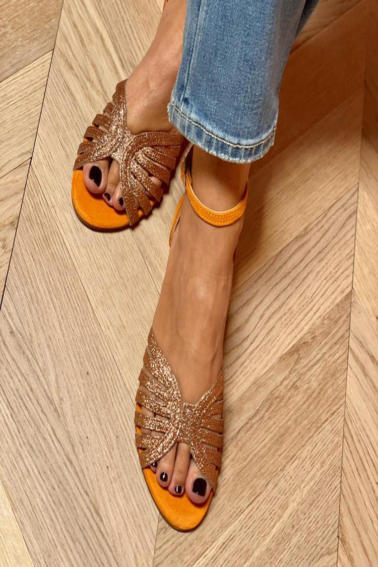 Glittering Round Toe Ankle Strap Buckle Orange Sandals
