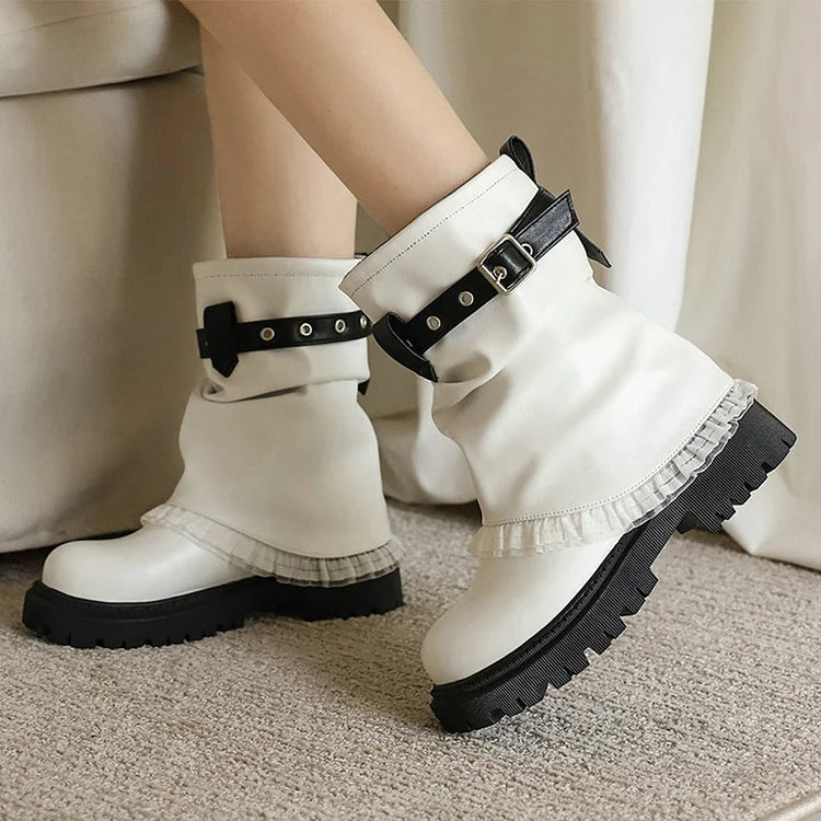 Colorblock Strap Buckle Lace Patchwork Fold Over Round Toe Ankle Boots