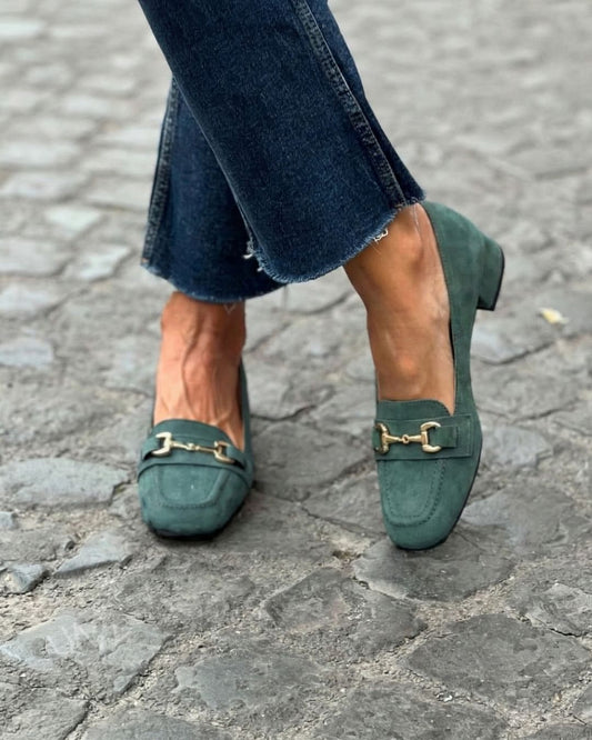 Grøn firkantet tå metalspænde blokhæl loafers [Forudbestilling]