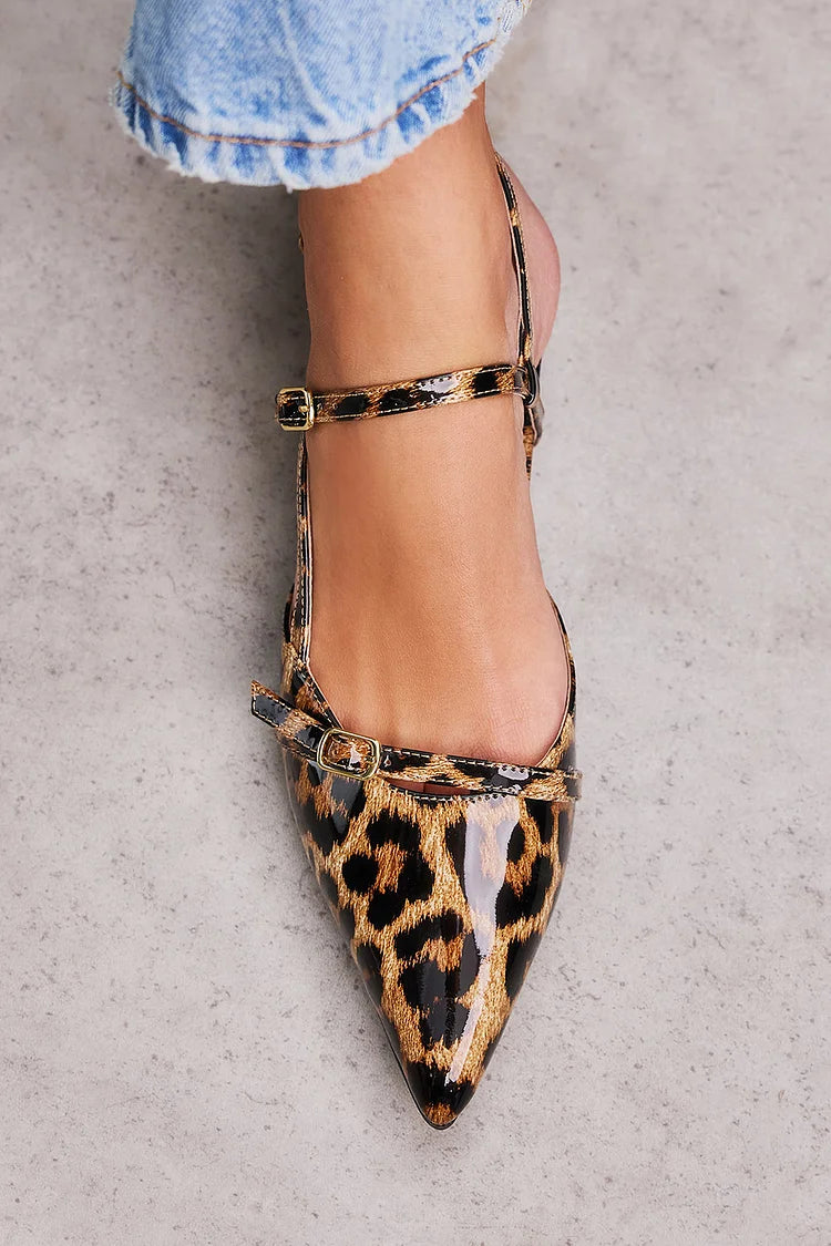 Pointed Toe Irregular Strap Buckle Leopard Print Flats [Pre Order]