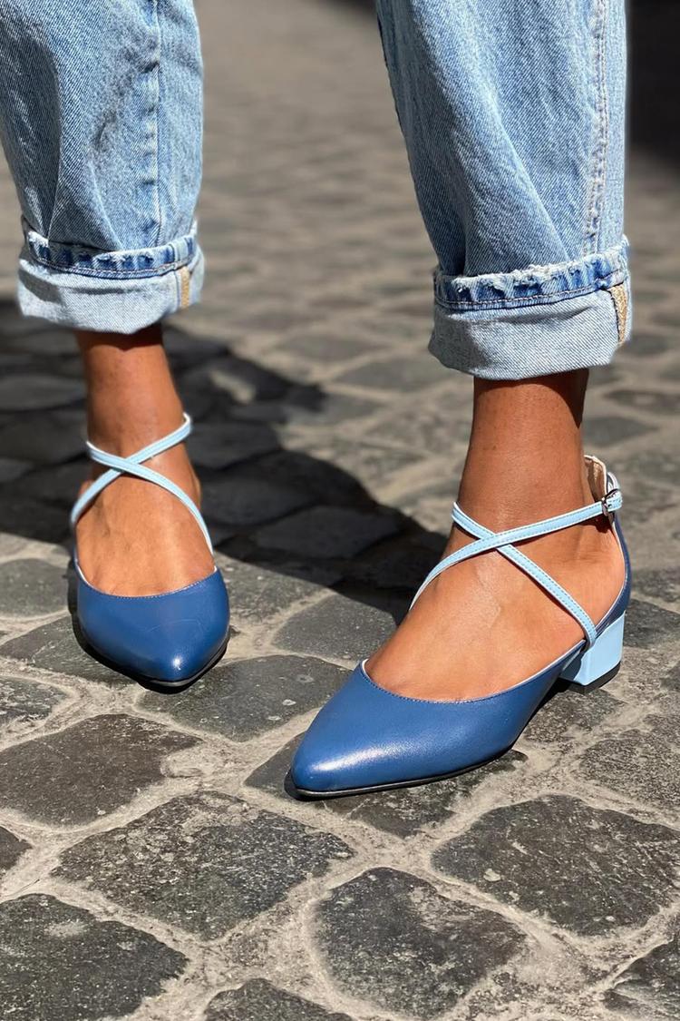 Colorblock Kreuzriemen Schnalle Spitz Zehen Navy Niedrige Absätze [Vorbestellung]