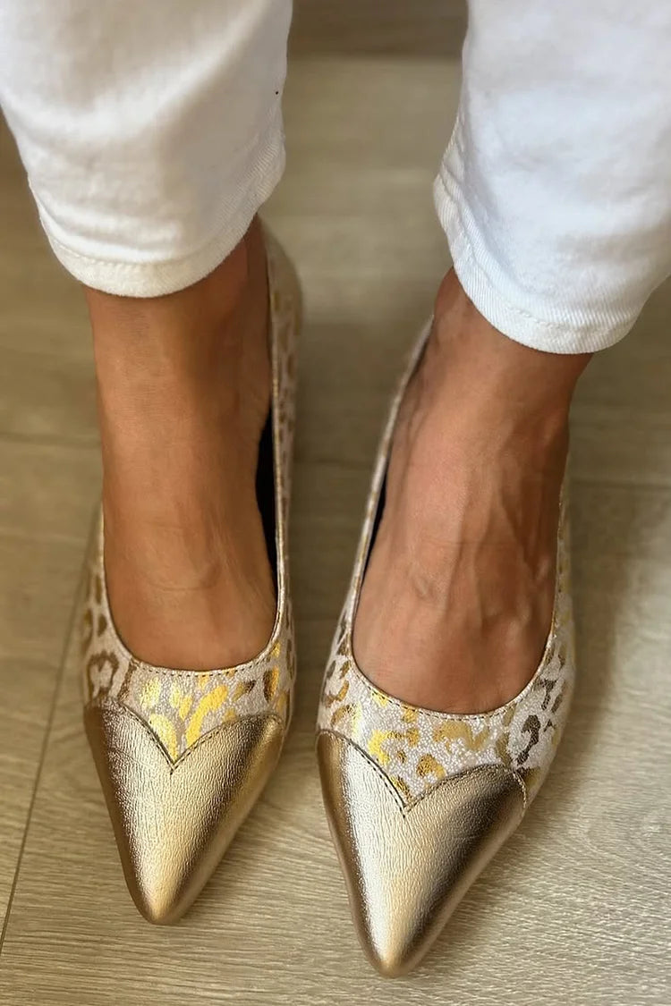 Scarpe basse dorate con punta affilata e stampa leopardata metallizzata [Pre-ordine]