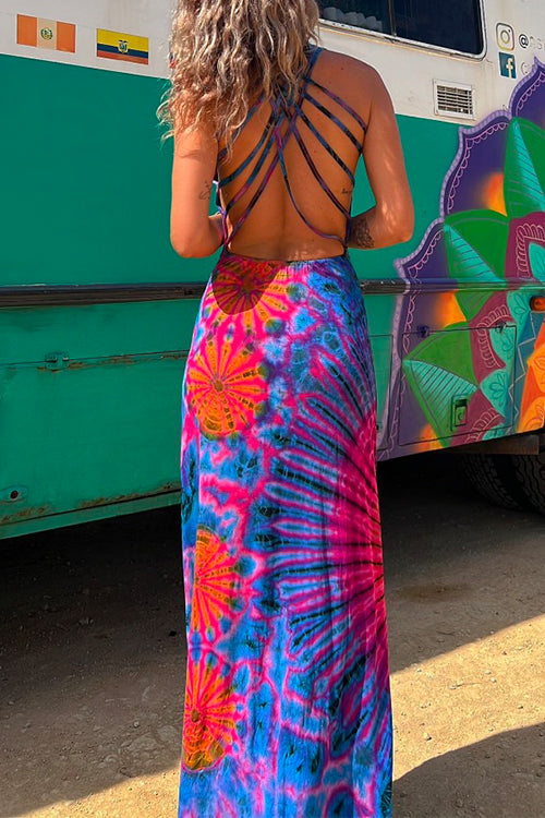 Vestido largo estilo camisola con efecto tie-dye y espalda descubierta, cruzado y cruzado 