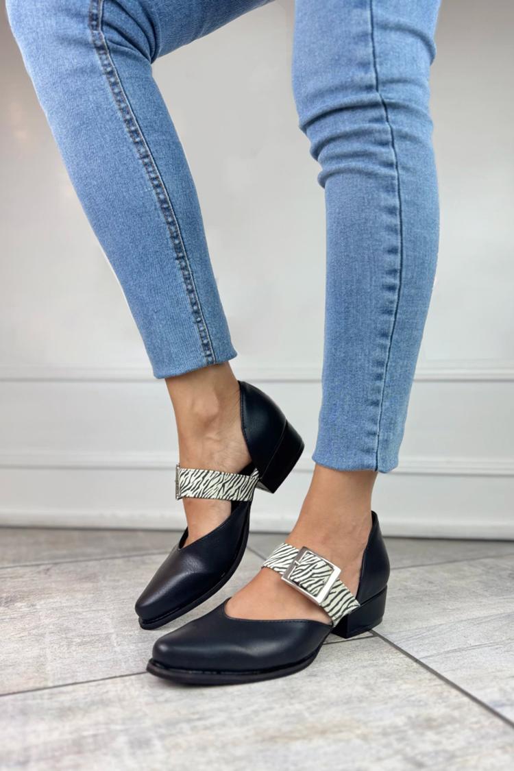 Zebra Print Instep Strap Buckle Pointed Toe Black Low Heels [Pre Order]