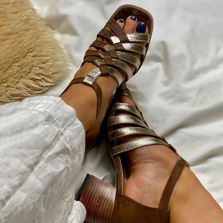 Asymmetric Woven Strap Hollow Out Sandals Chunky Heels