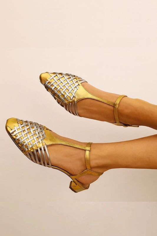 Metallic Leather Woven Lattice T-Strap Slingback Kitten Heels