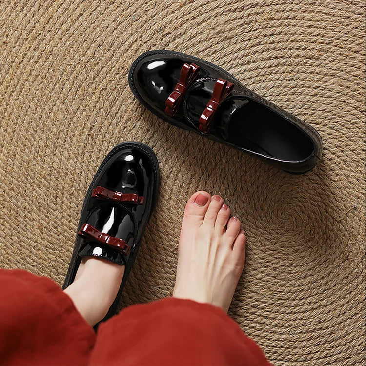 Kolorowe mokasyny casual z kokardą, łączone, okrągły nosek