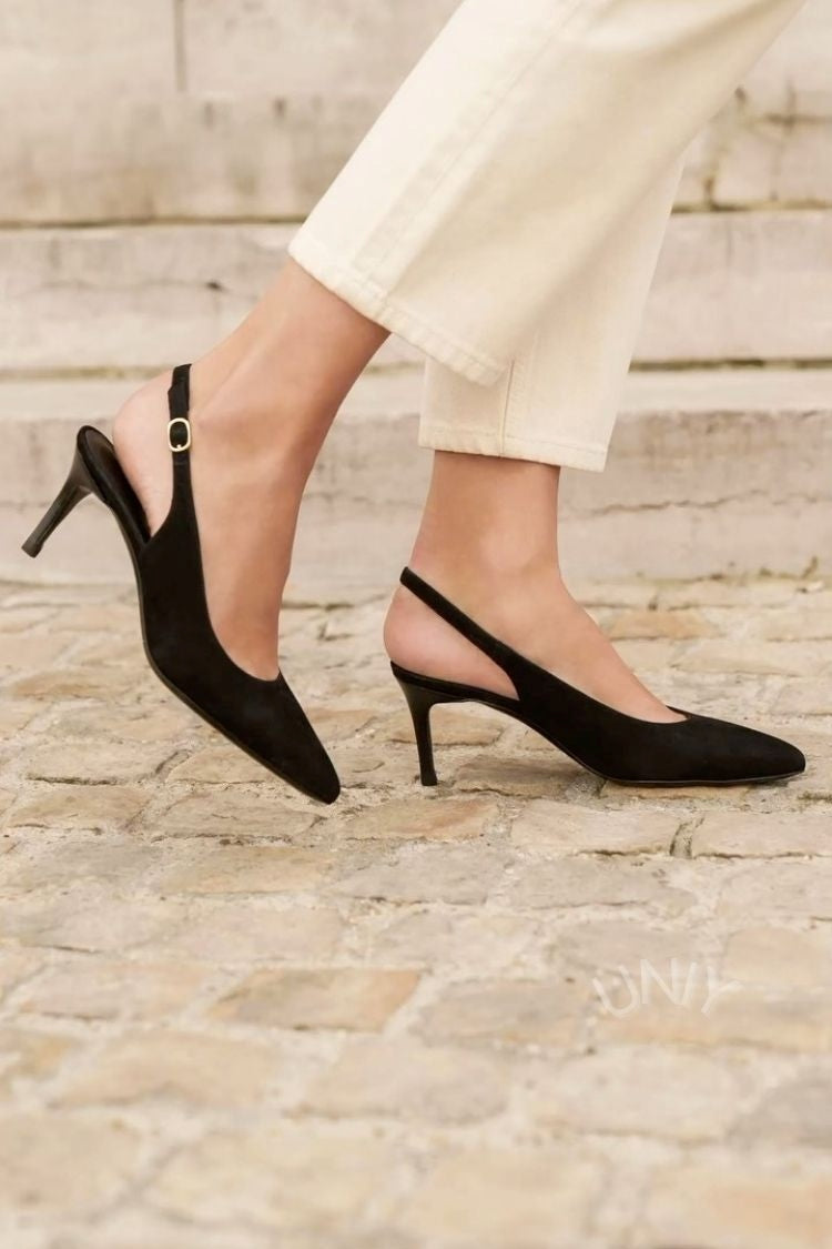 Minimalist Black Suede Pointed Toe Slingback Kitten Heels [Pre Order]