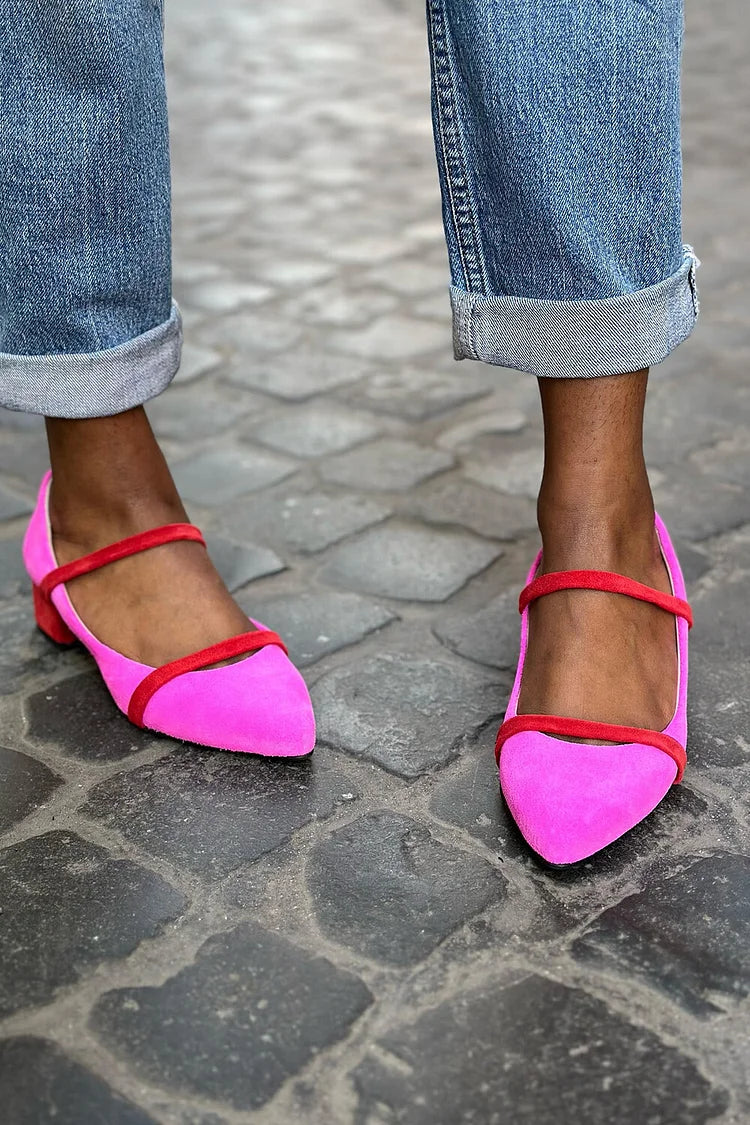 Colorblock Instep Strap Punta Aguzza Fucsia Tacco Basso [Pre-Ordine]