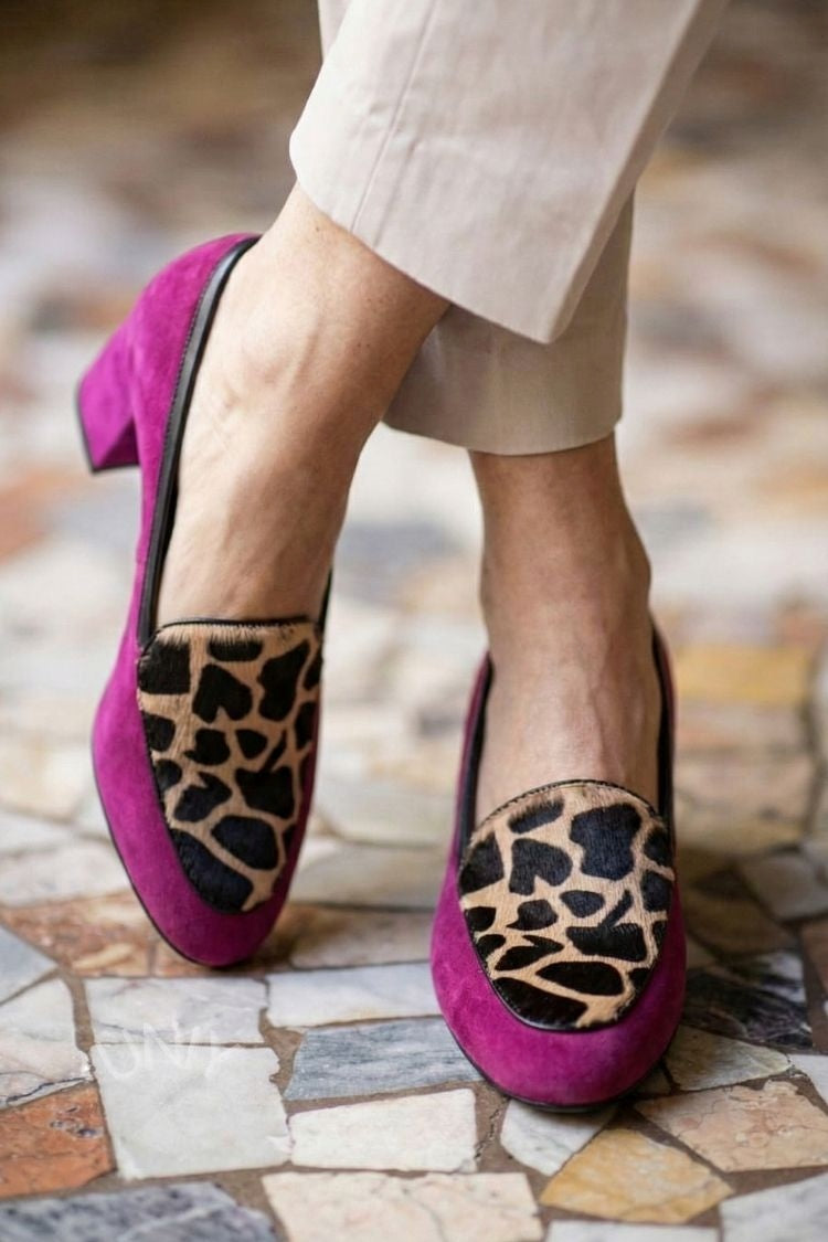 Fuchsia Suede Giraffe Print Block Heel Slip-on Loafers [Pre Order]