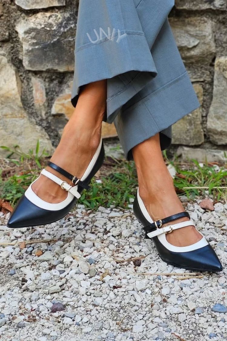 Black Pointed Toe Color Block Mary Jane Kitten Heels [Pre Order]