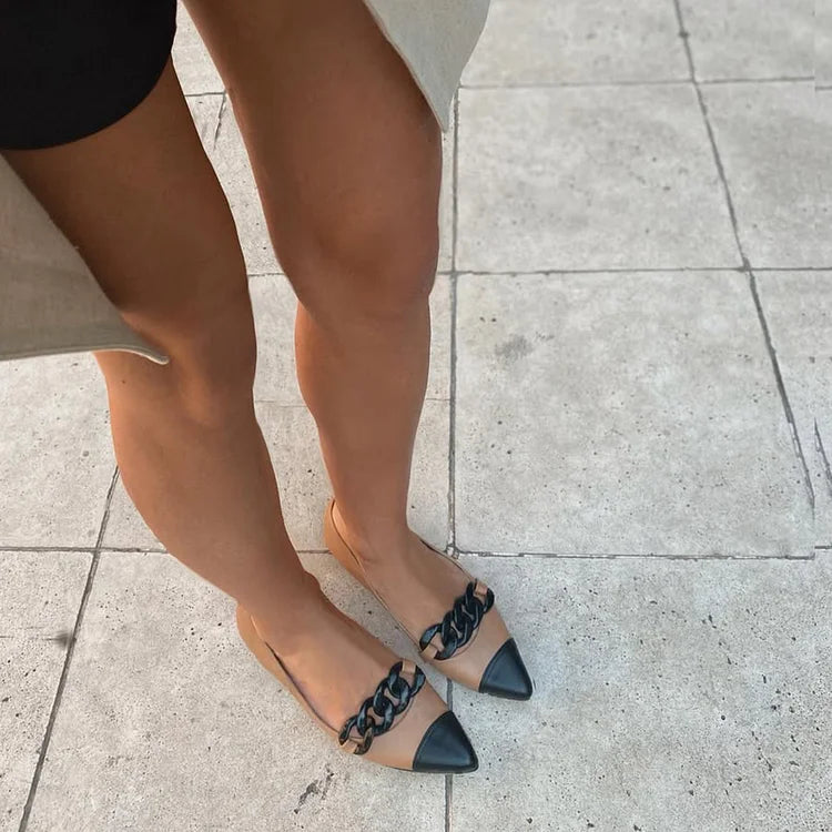 Brązowe baleriny z metalowym łańcuszkiem, czubkiem w kontrastowym kolorze [Przedsprzedaż]