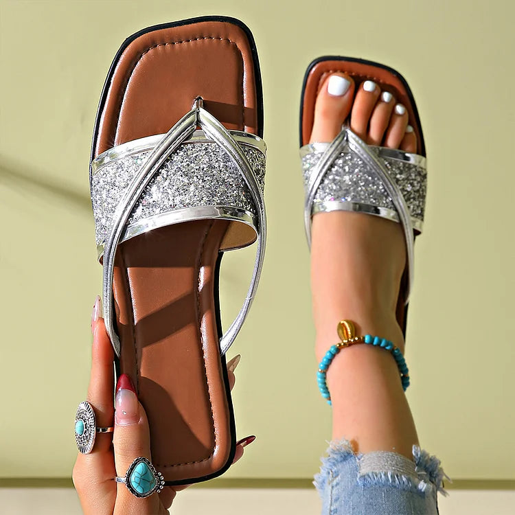 Metallic schimmernde glitzernde Flip-Flops mit quadratischer Spitze, lässige Hausschuhe