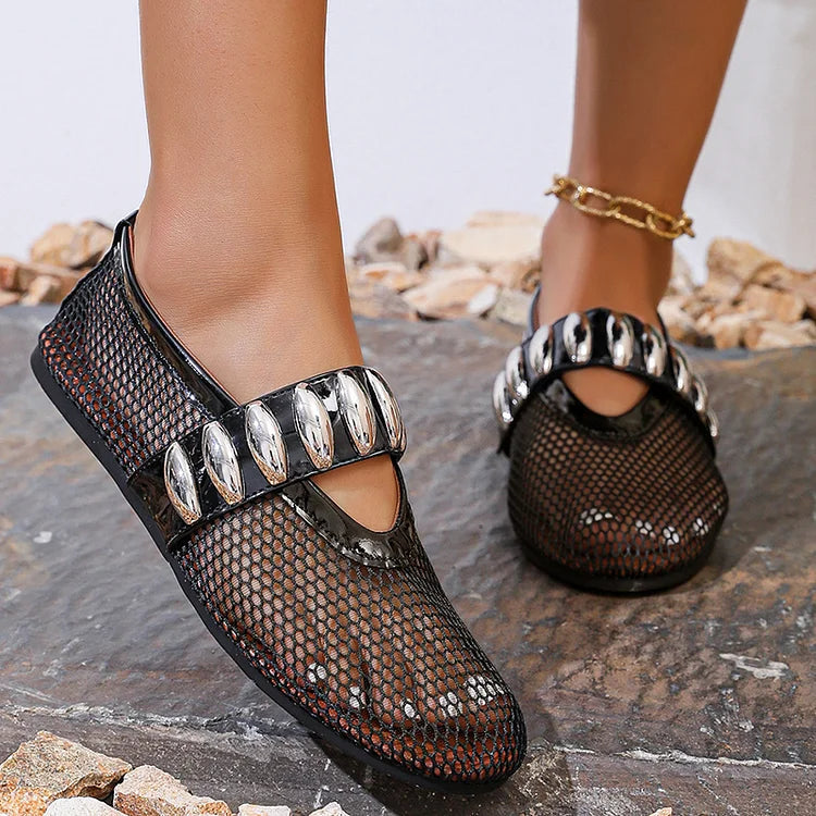 Hollow Out Mesh Patchwork Metal Decor Slip On Loafers