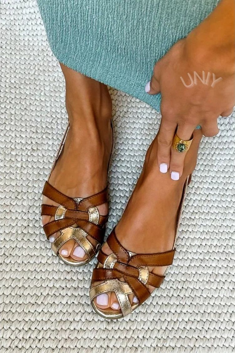 Bruine Metallic Contrasterende Geweven Bandjes Platte Zomersandalen [Pre Order]