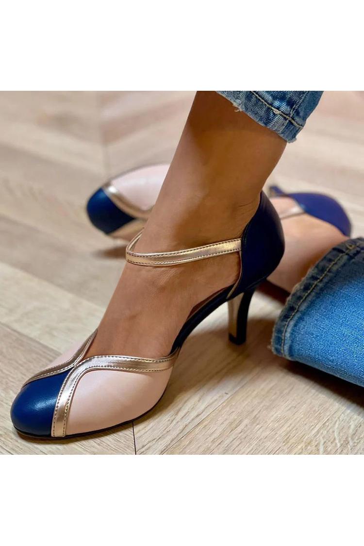 Color Block Closed Round Toe Mid Stiletto Heels