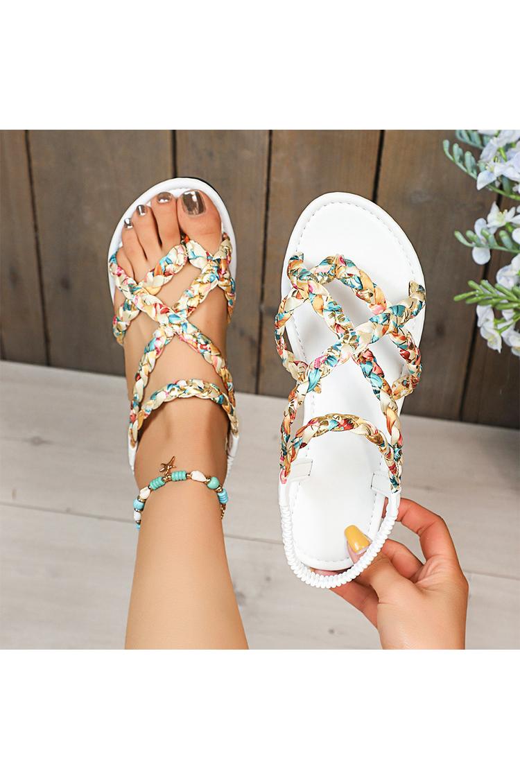 Sandali casual con punta tonda, cinturino incrociato intrecciato e stampa multicolore 