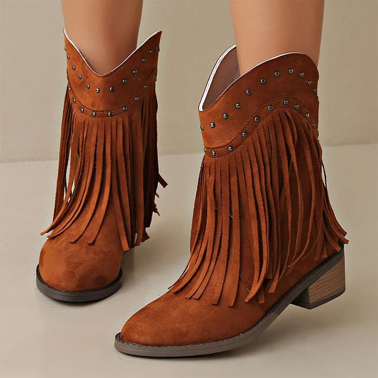 Metal Rivets Decor Fringed Trim Pointed Toe Chunky Heel Mid Boots