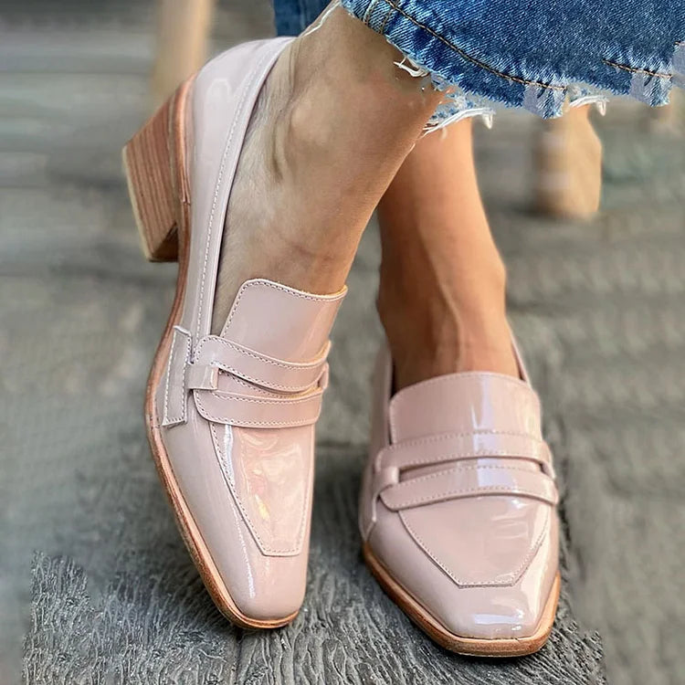 Square Toe Pink Patent Leather Loafers Chunky Heels