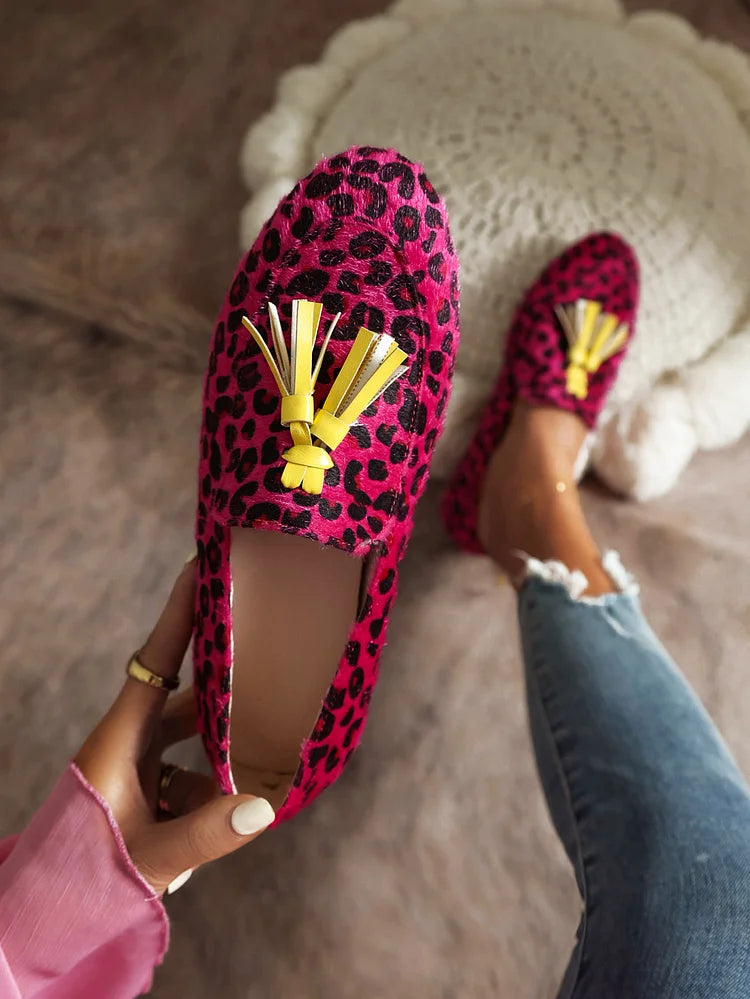 Leopard Print Colorblock Fringed Trim Casual Flat Loafers