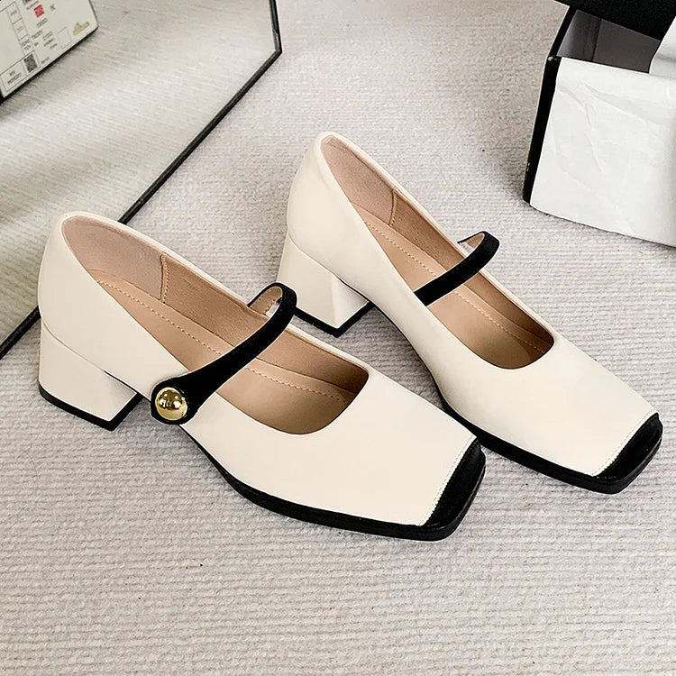 Color Matching Square Toe Instep Strap Buckle Chunky Heels