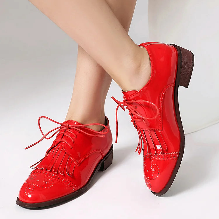 Oxfords z okrągłym noskiem, sznurowane, z ozdobnym frędzlem w jednolitym kolorze