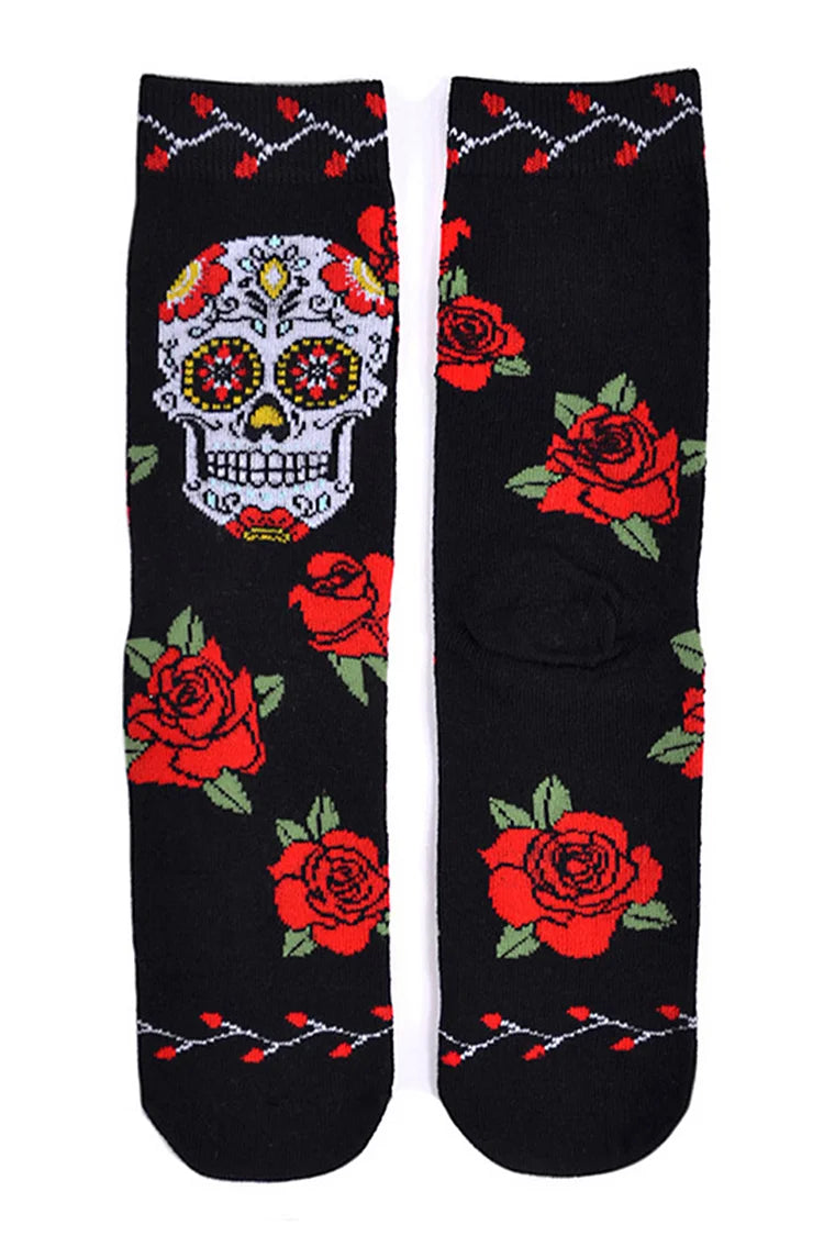 Calcetines de media pantorrilla con estampado de calavera y esqueleto de rosas para Halloween 