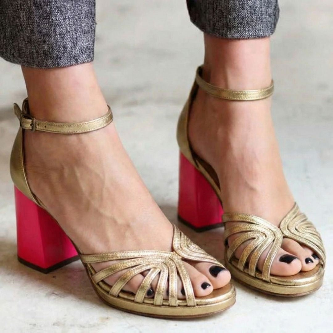 Chic Gold Strappy Ankle Strap Contrast Pink Block Heels [Pre Order]