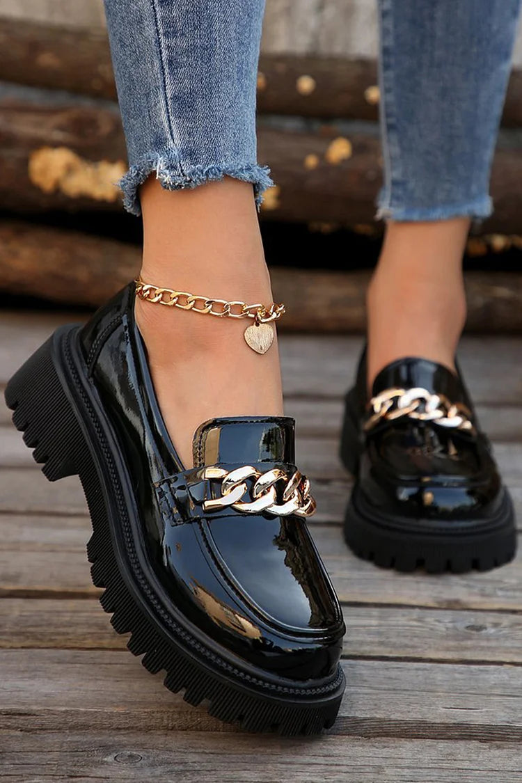 Metal Chain Decor Round Toe Chunky Heel Casual Loafers