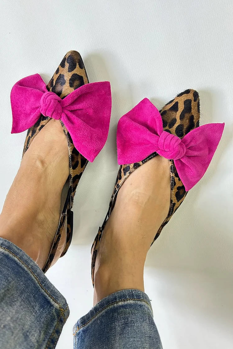 Brązowe mokasyny z nadrukiem w cętki, ozdobą w formie kokardy i szpiczastym noskiem [Przedsprzedaż]