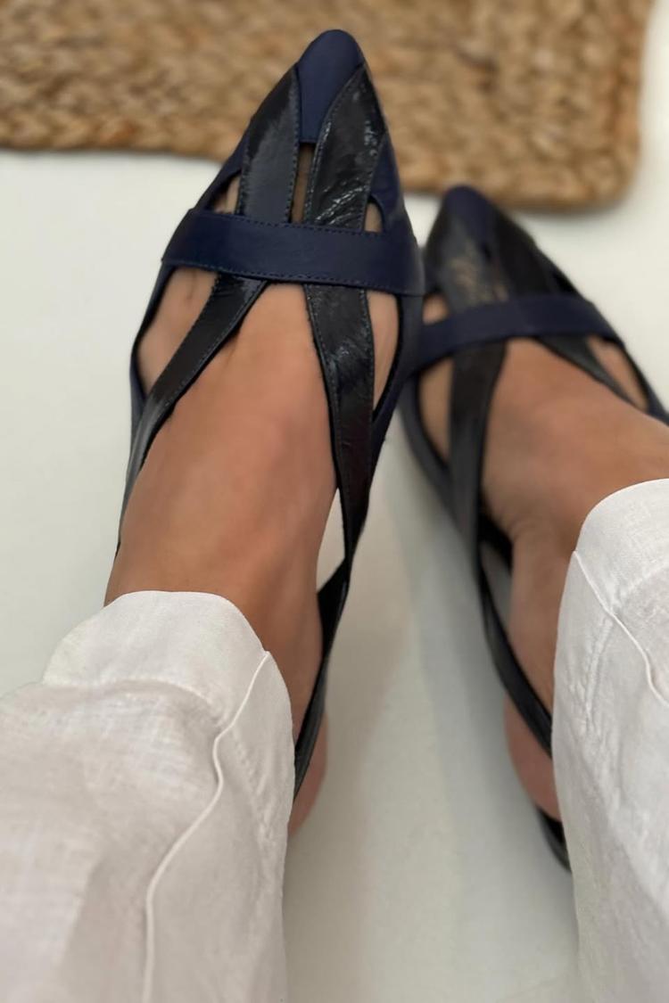 Patchwork Ausschnitt Spitz Zehen Slingback Navy Ballerinas