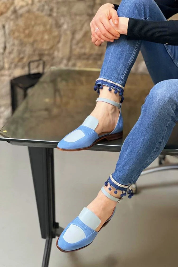 Ankle Strap Buckle Colorblock Round Toe Blue Flats