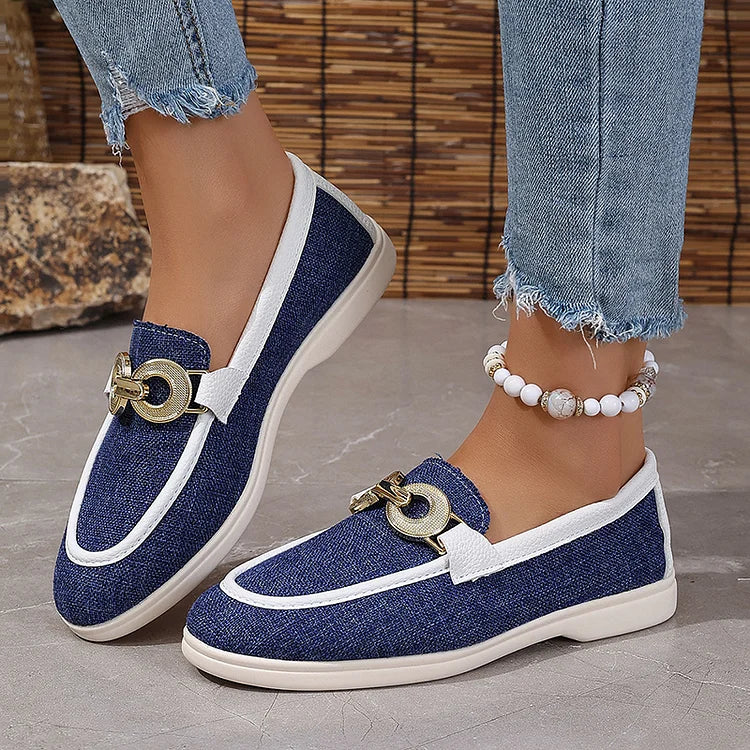 Contrast Binding Buckle Decor Round Toe Casual Loafers