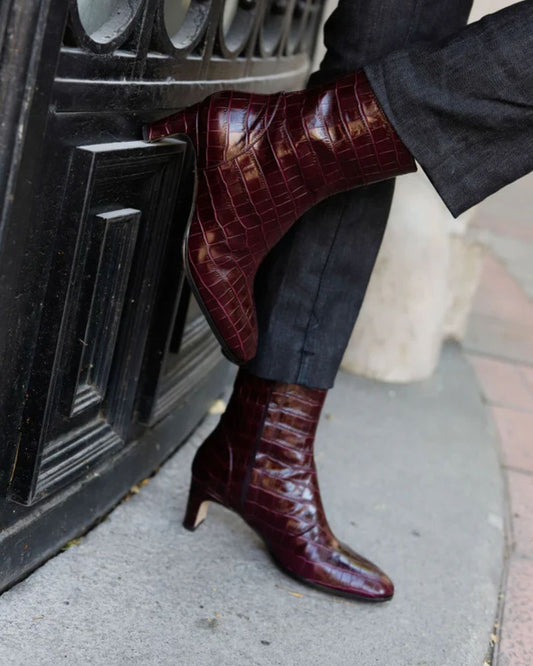 Burgundy Croc-Embossed Patent Leather Ankle Boots [Pre Order]