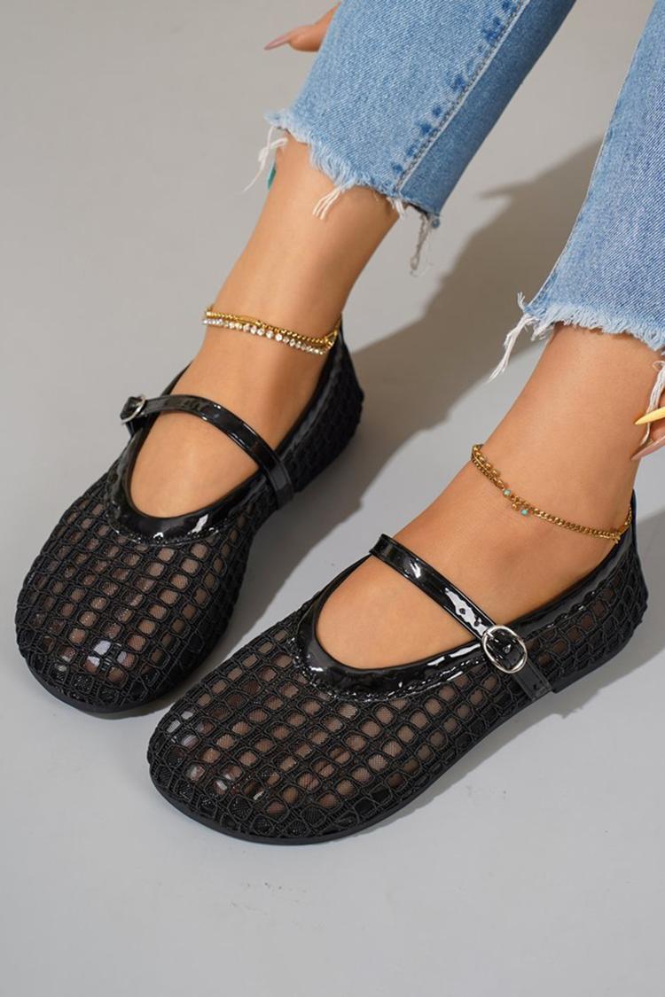 Scarpe basse con punta tonda, cinturino sul collo del piede in rete traforata, tinta unita 